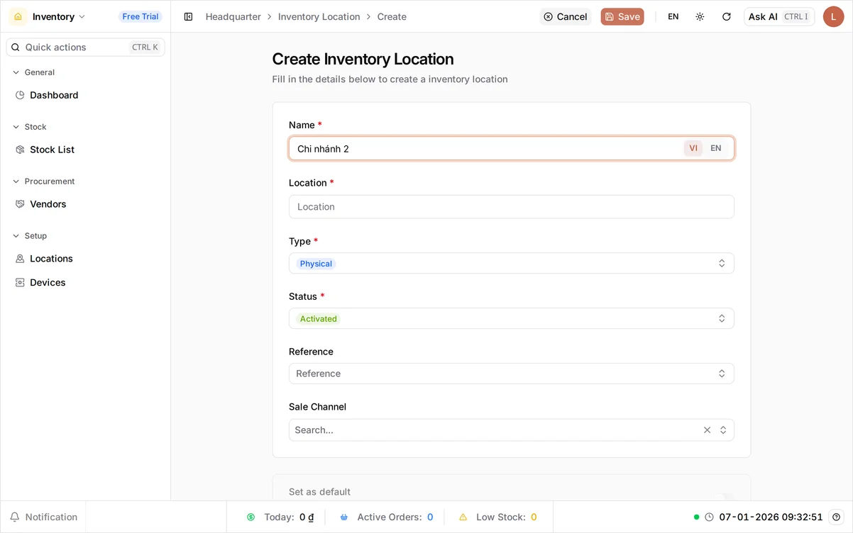 The Create Inventory Location form with Name set to Chi nhánh 2, Type Physical, and Status Activated