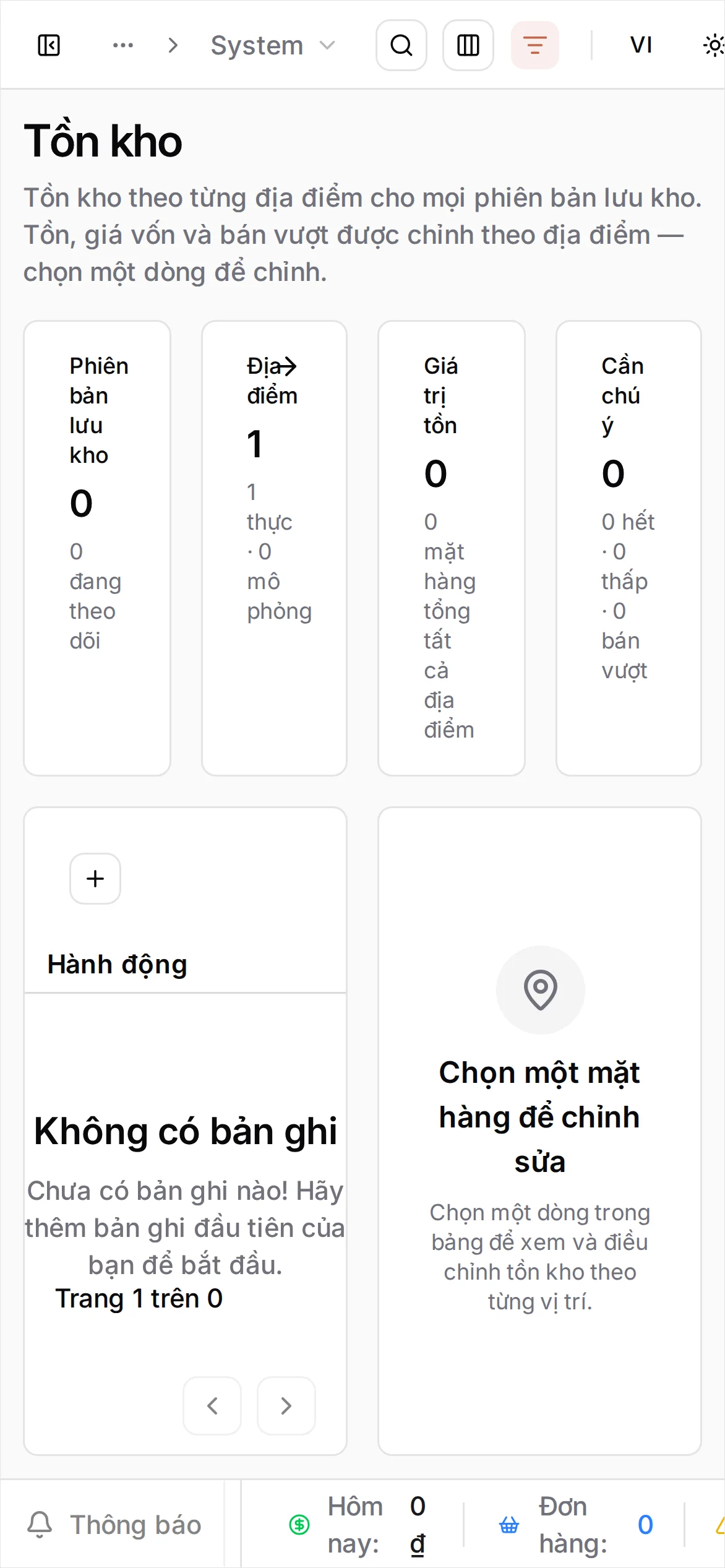 Danh sách tồn kho hiển thị Nước suối 500ml dưới dạng biến thể sản phẩm với tổng số lượng bằng 0