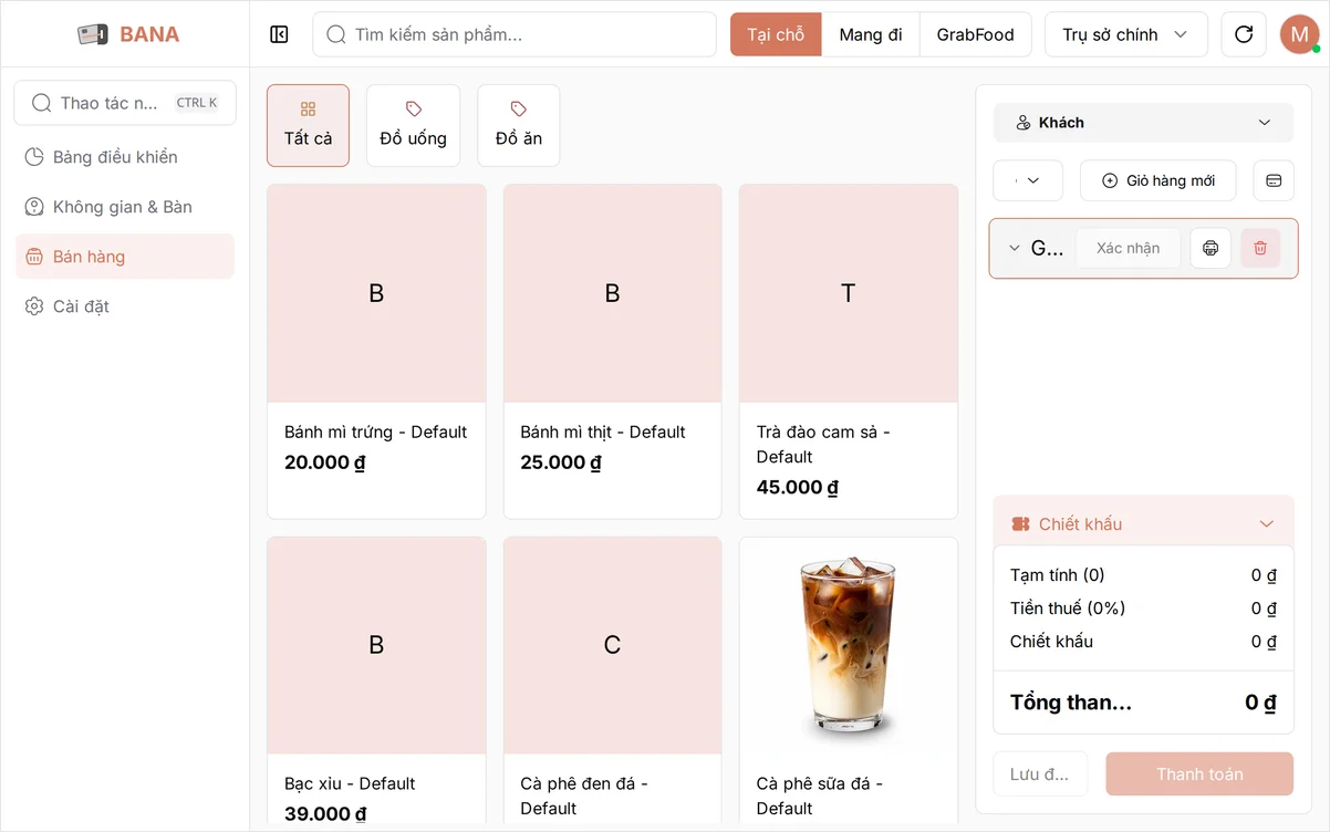 Màn hình Bán hàng của BANA Sale với lưới sản phẩm bên trái và khung đơn hàng trống bên phải
