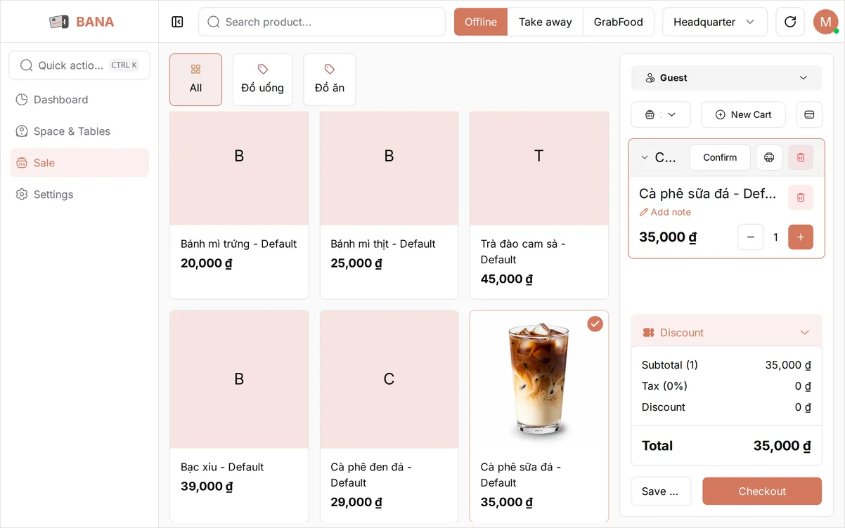 The order panel with Cà phê sữa đá added, showing the quantity, line total, and a Checkout button
