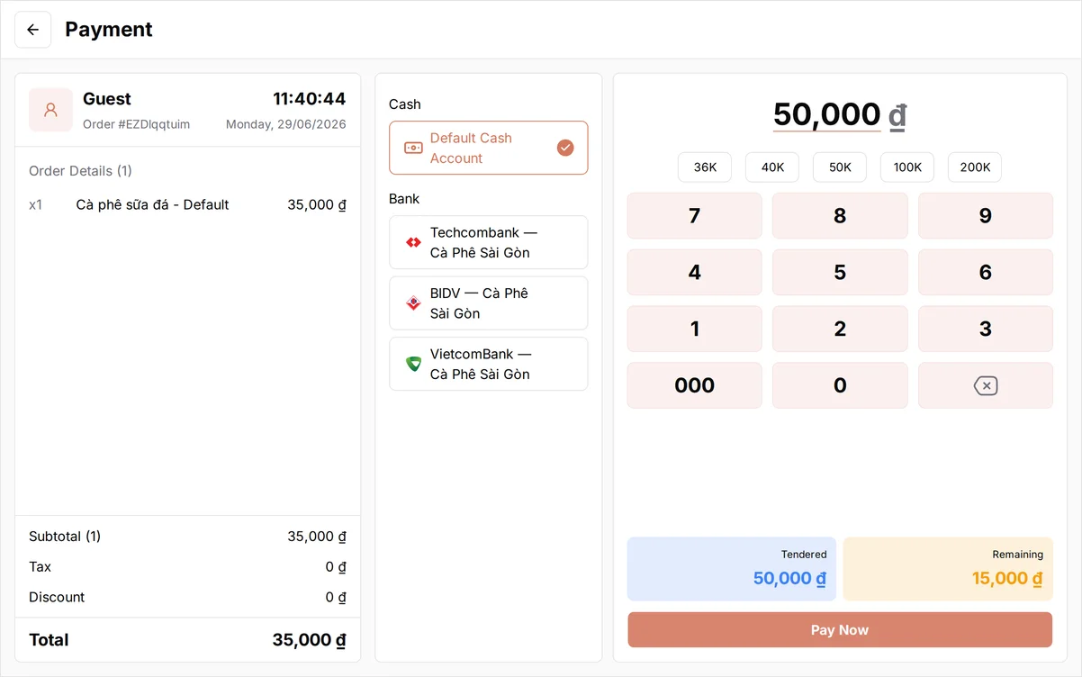 The Payment screen with Cash selected, a numeric keypad, the Tendered and Remaining amounts, and a Pay Now button