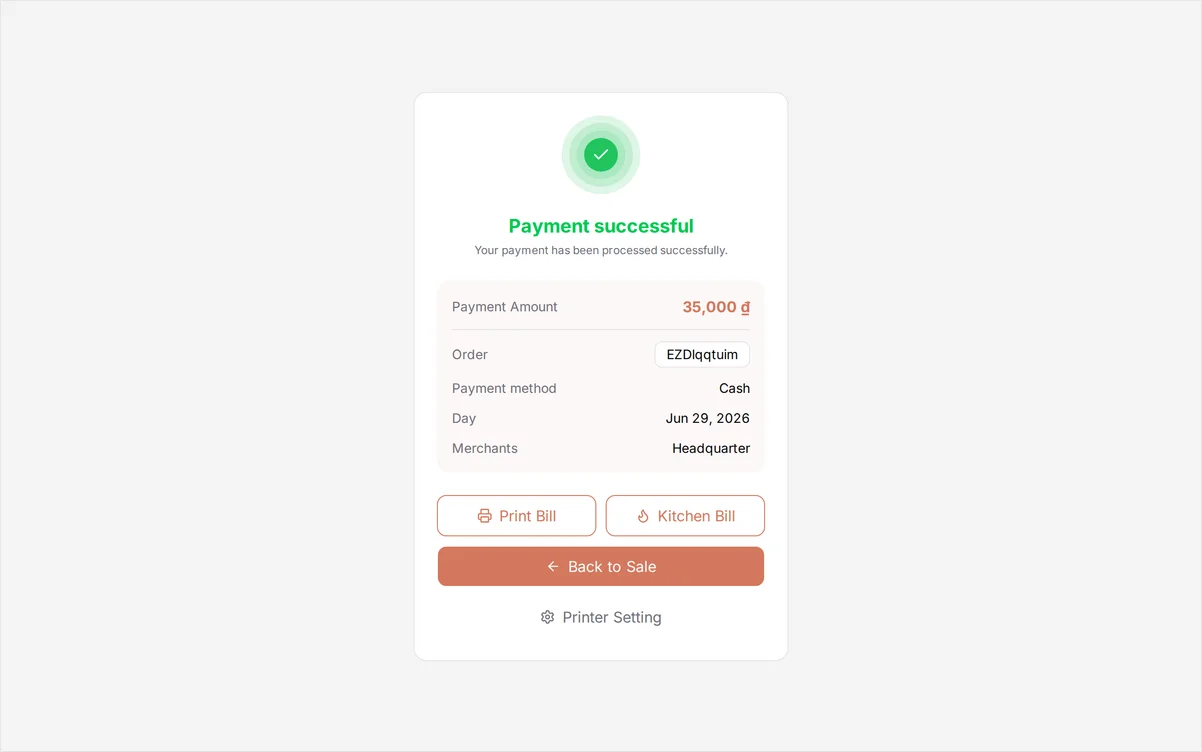 The Payment successful screen showing the amount paid and payment method, with Print Bill and Back to Sale buttons
