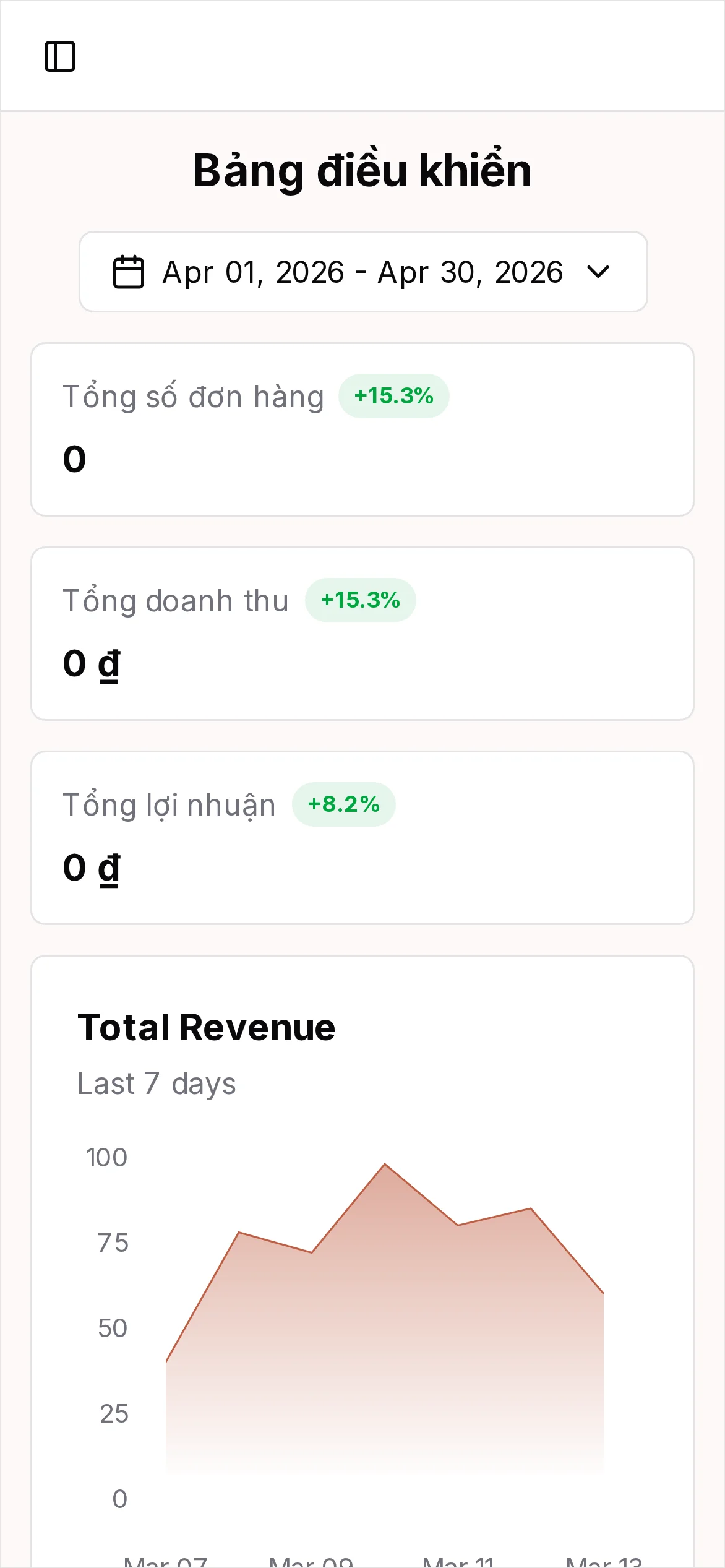 Trang tổng quan với shop đang hoạt động trên thanh trên