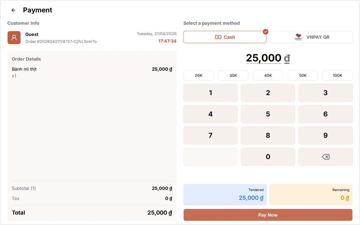 Checkout screen with Cash pre-selected
