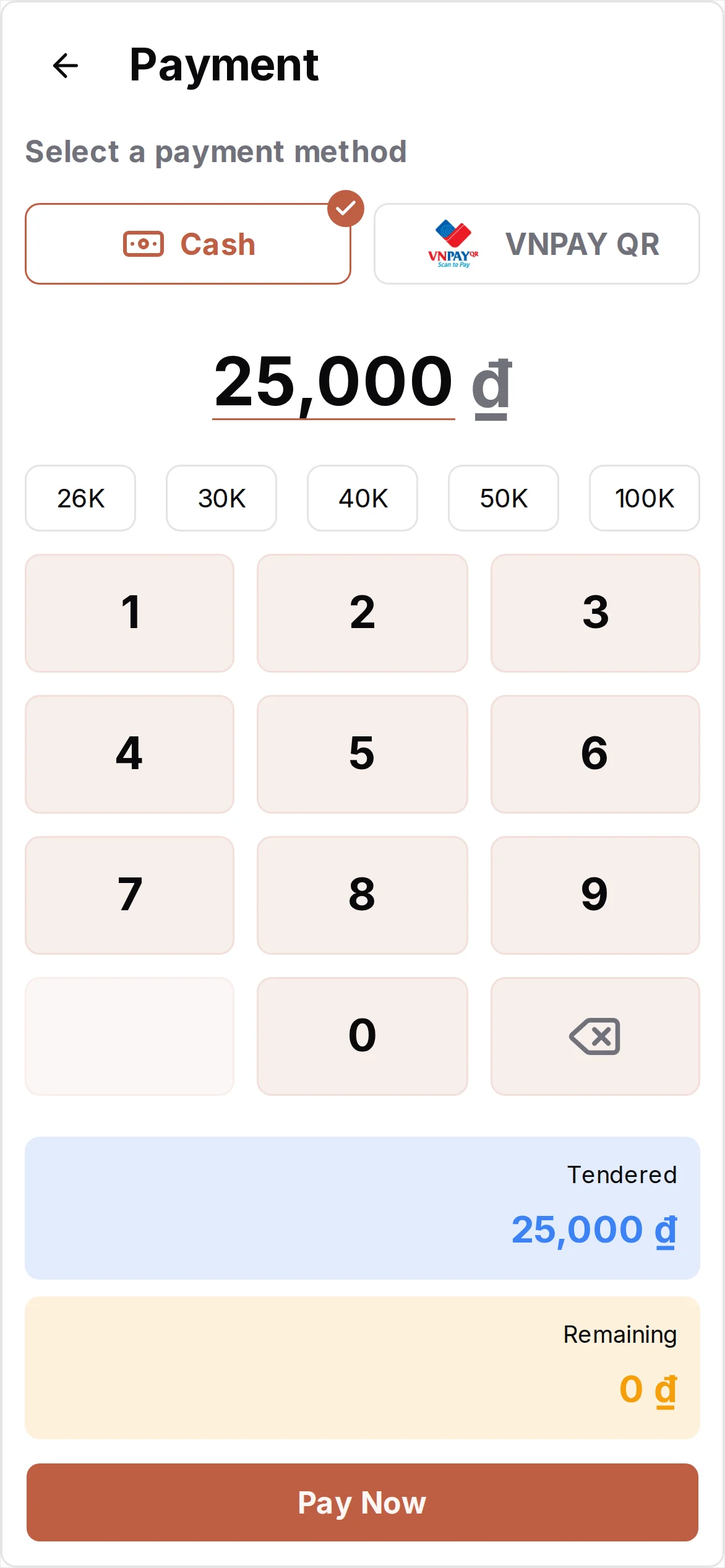 Checkout screen with Cash pre-selected