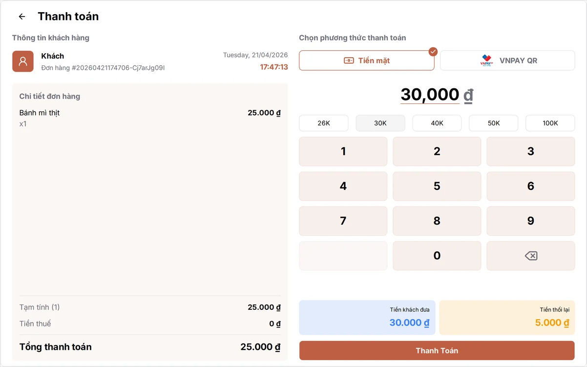Khách đưa 30.000, còn lại 5.000 tiền thối