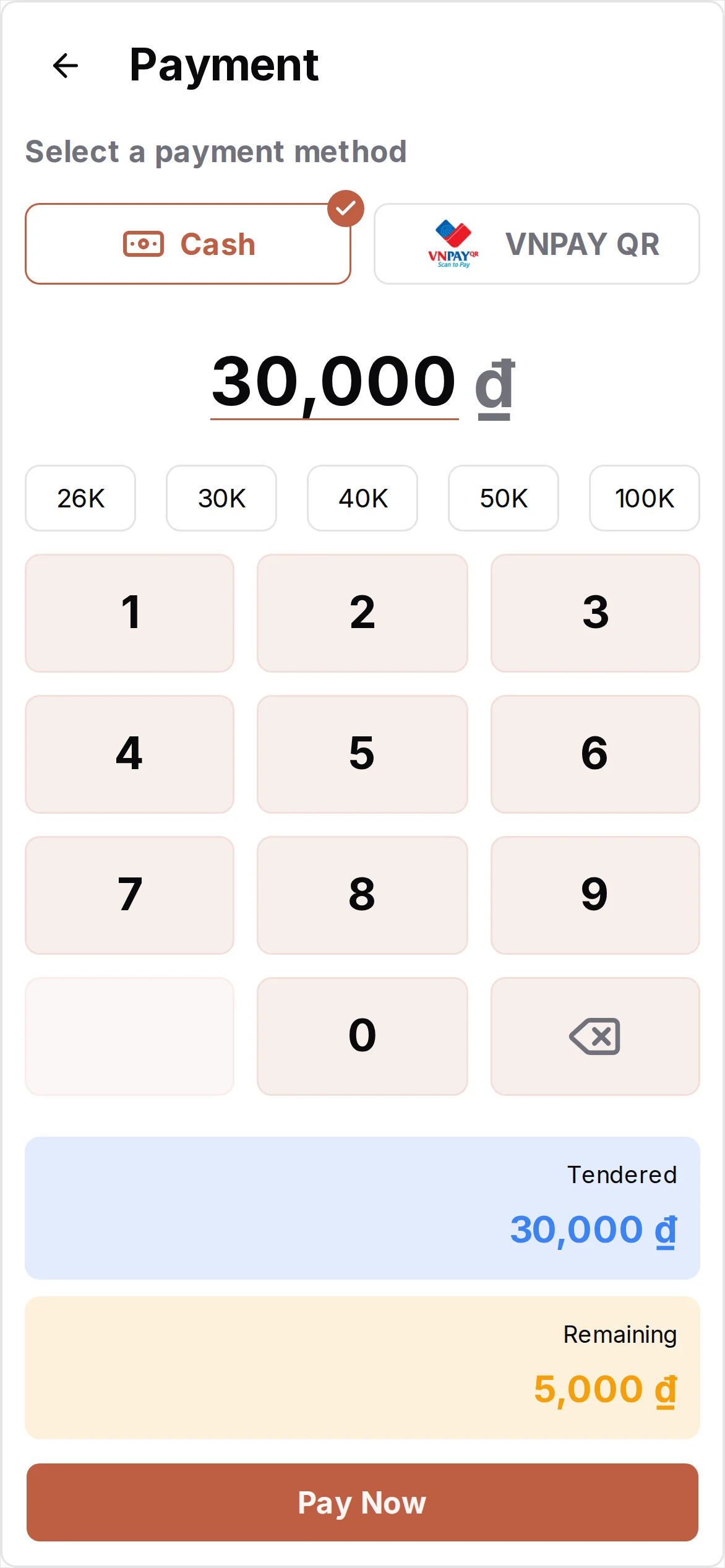30,000 tendered, 5,000 change remaining