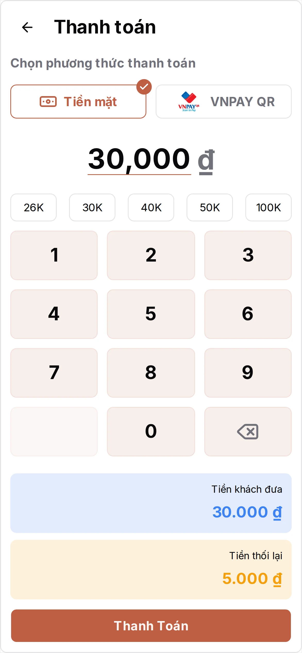 Khách đưa 30.000, còn lại 5.000 tiền thối