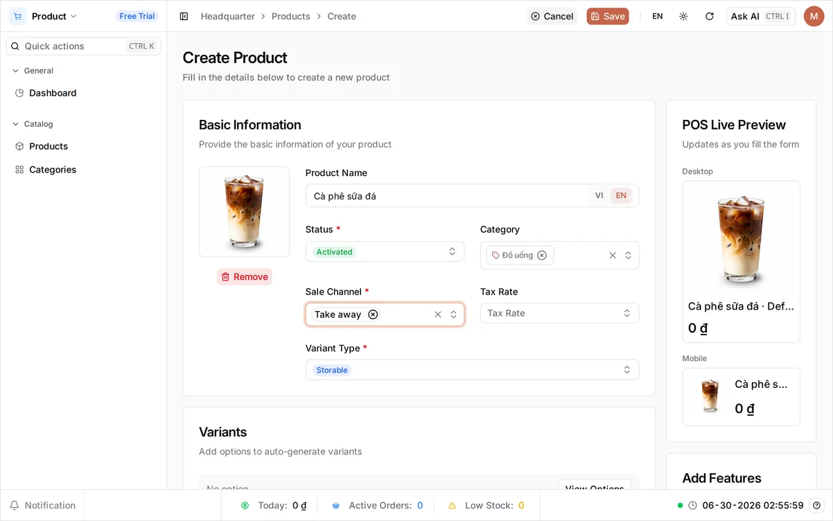 The Create Product form with Product Name Cà phê sữa đá, Status Activated, and Category Đồ uống, with a POS Live Preview on the right