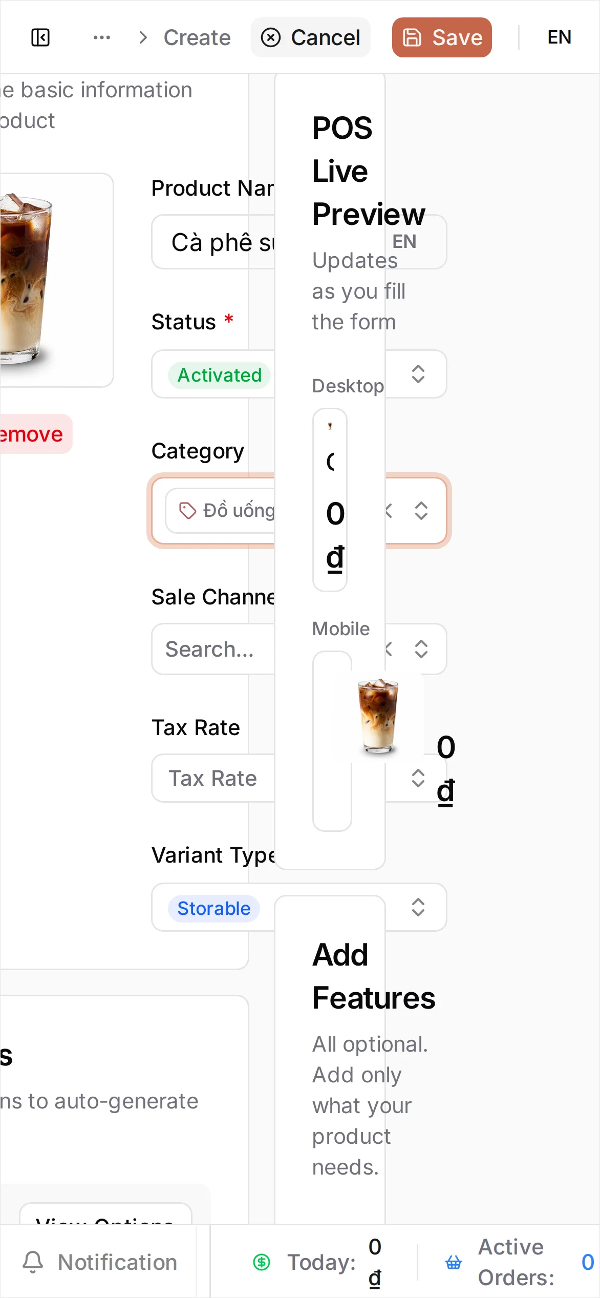 The Create Product form with Product Name Cà phê sữa đá, Status Activated, and Category Đồ uống, with a POS Live Preview on the right