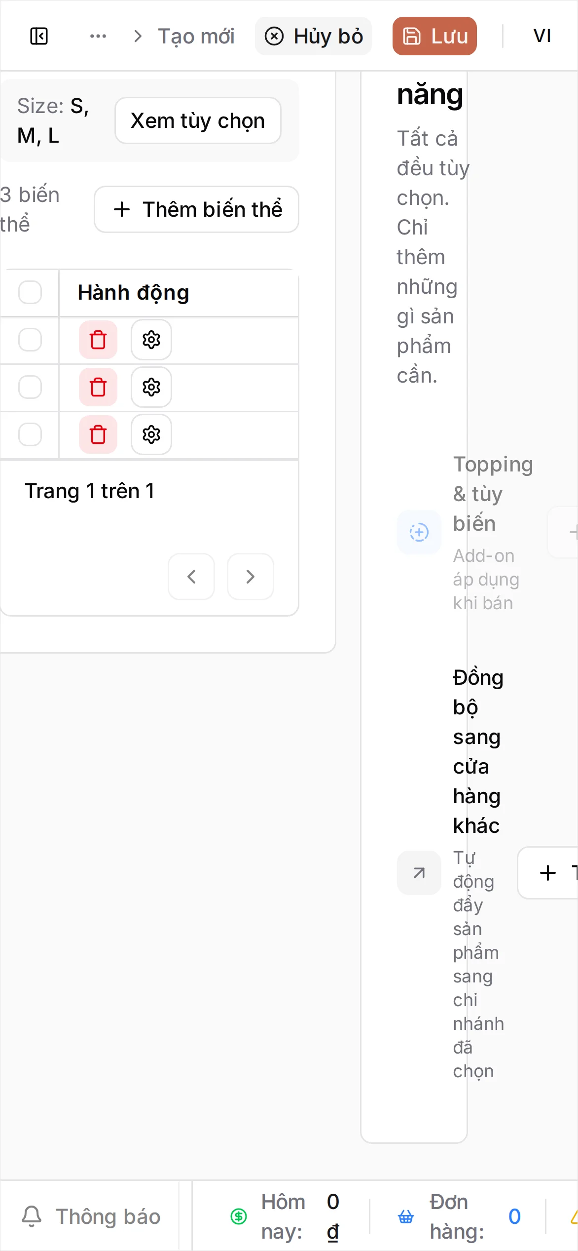 Mục Biến thể với một tùy chọn tên Size gồm các giá trị S, M, L, và ba dòng biến thể đã tạo với giá 29.000, 35.000 và 39.000