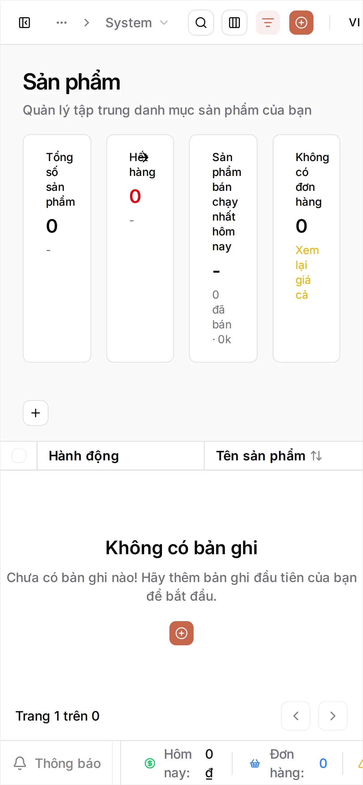 Danh sách sản phẩm hiển thị Cà phê sữa đá với trạng thái Đang hoạt động và danh mục Đồ uống