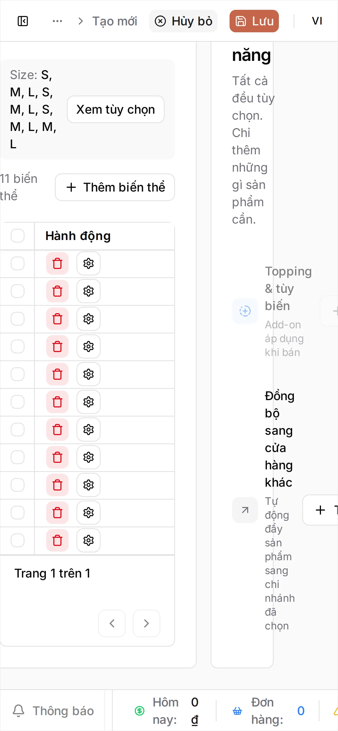 Biểu mẫu Tạo Sản phẩm cho Trà đào cam sả, với tùy chọn Size gồm M và L, hai dòng biến thể đã tạo với giá 39.000 và 45.000, và ảnh món trong khung Xem trước trên POS