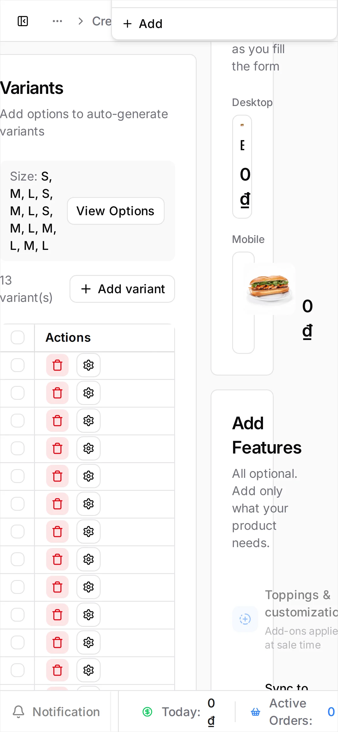 The Create Product form for Bánh mì thịt in the Đồ ăn category, with a single price of 25,000 and its photo in the POS Live Preview