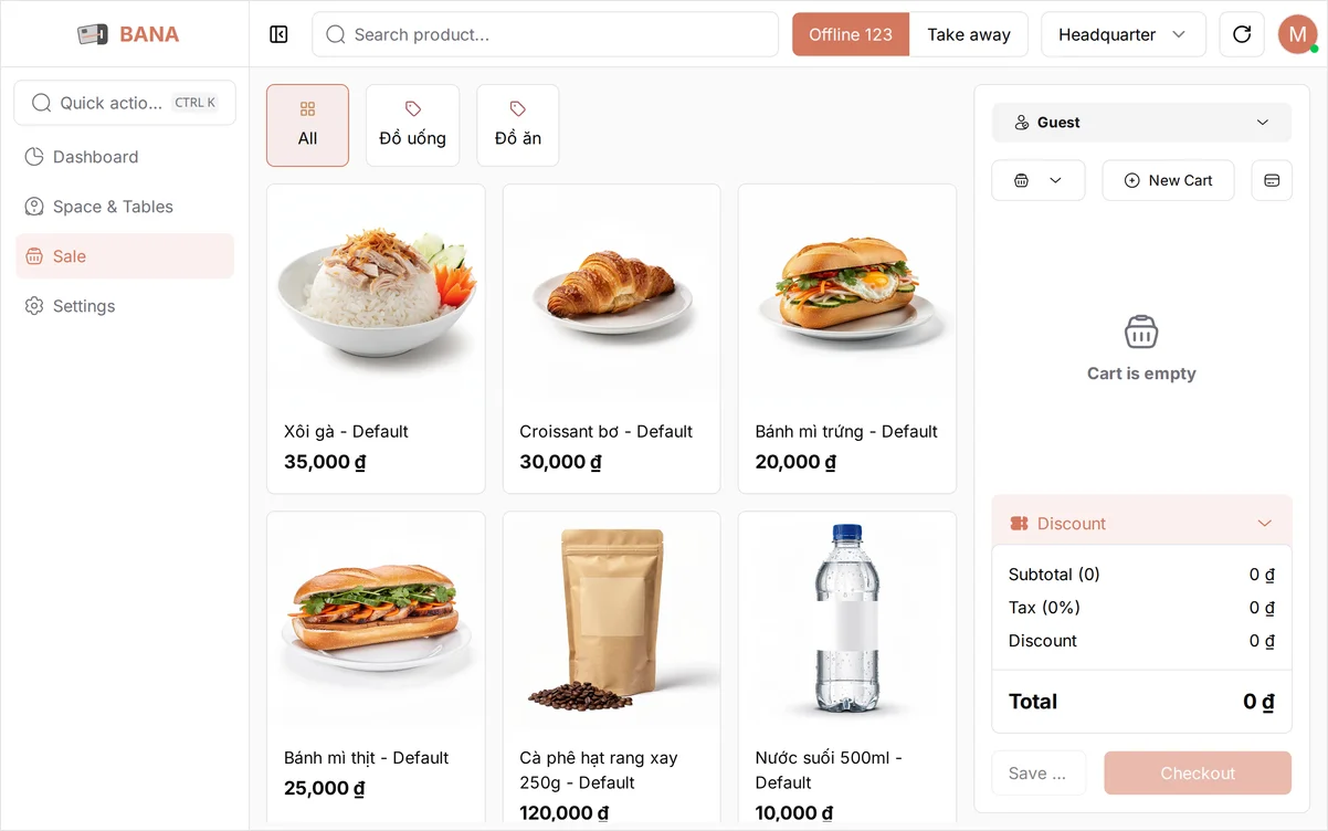 The BANA Sale POS sale screen showing the finished menu as a grid of product cards — Xôi gà, Croissant bơ, Bánh mì trứng, Bánh mì thịt, Cà phê hạt rang xay 250g, and Nước suối 500ml — each with its photo and price, with an empty cart on the right