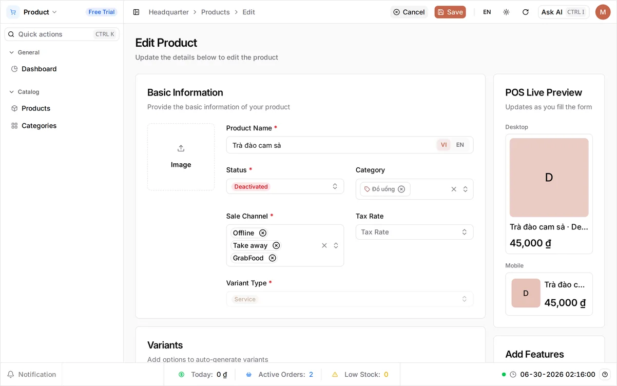 The product edit form for Trà đào cam sả with Status set to Deactivated