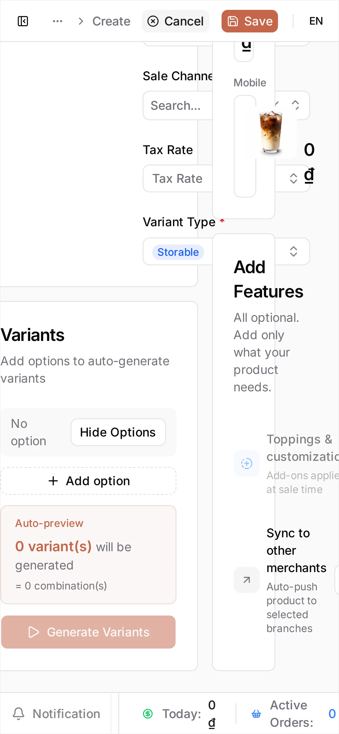 The Variants section of the Create Product form, empty, with the prompt 'Add options to auto-generate variants' and an Add option button