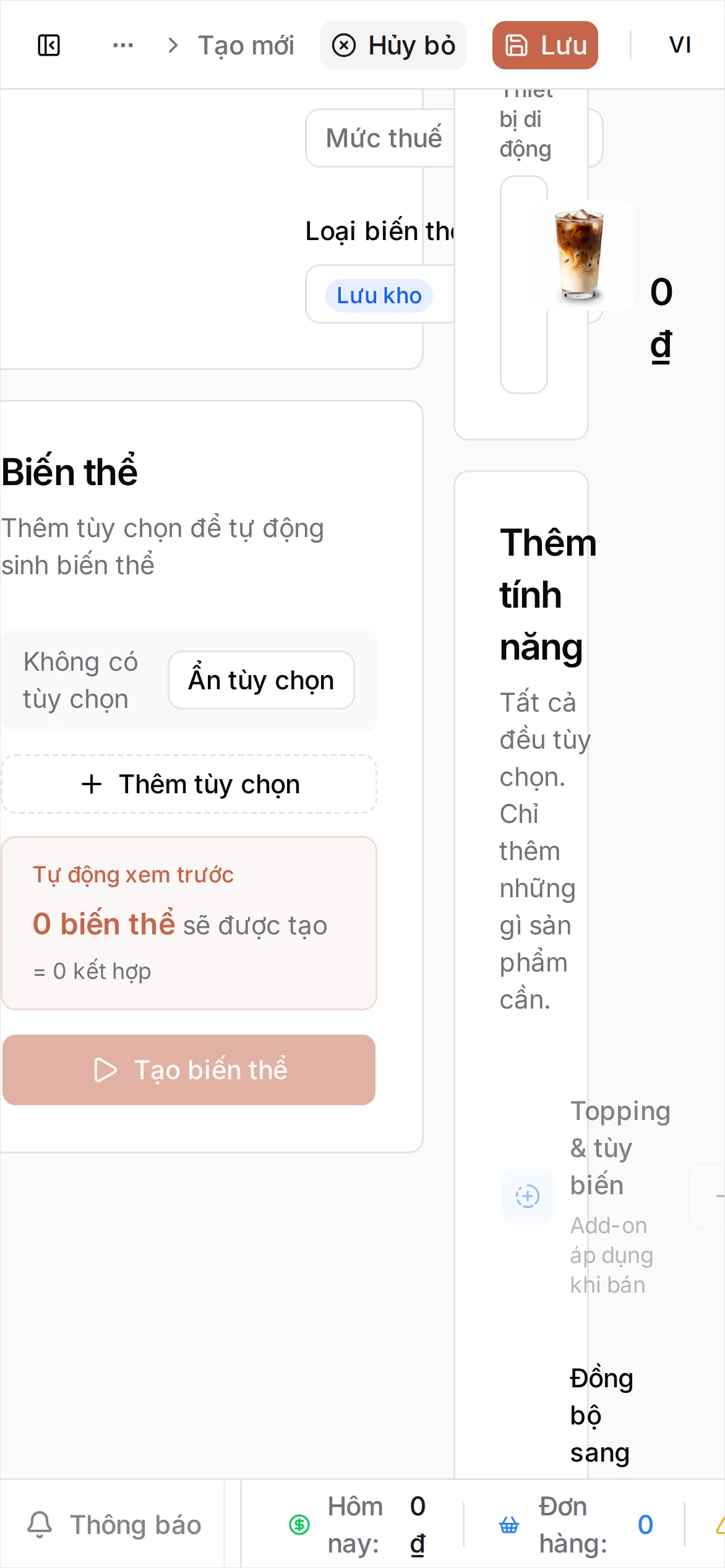 Mục Biến thể trên biểu mẫu Tạo sản phẩm, đang trống, với gợi ý 'Thêm tùy chọn để tự động sinh biến thể' và nút Thêm tùy chọn