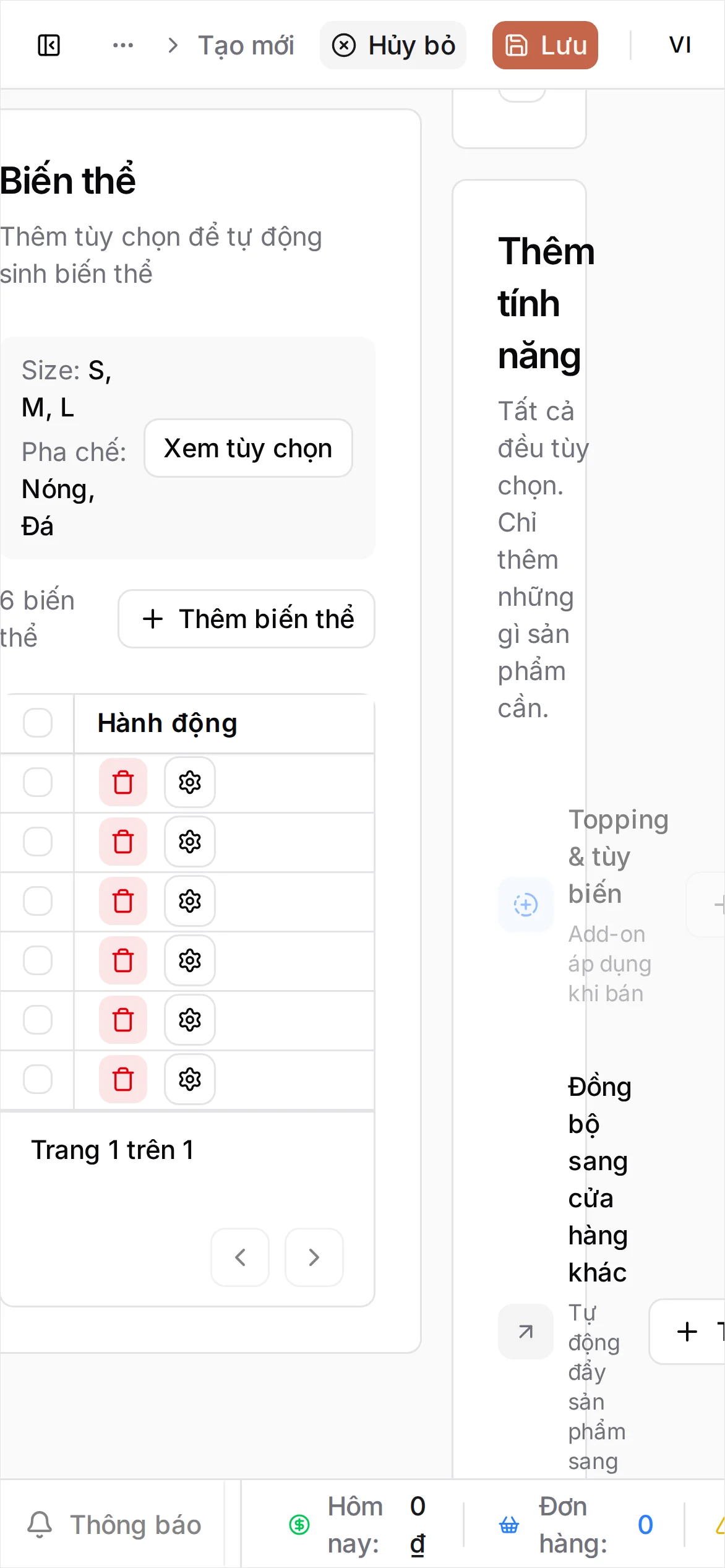 Bảng biến thể với Giá bán khác nhau trên mỗi dòng — từ 25,000 đến 39,000 — đặt theo cỡ và cách pha