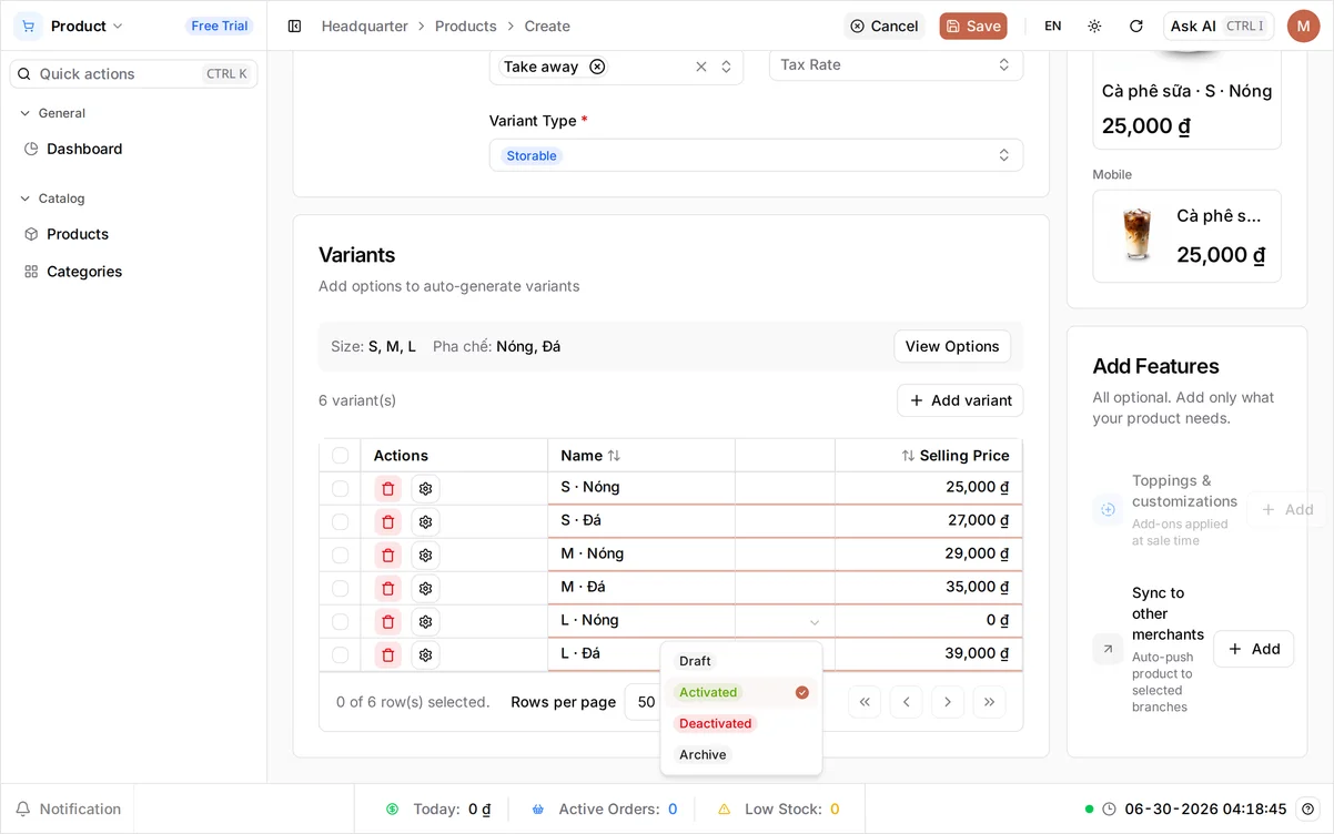 The Status dropdown open on the L · Nóng variant row, showing Draft, Activated, Deactivated, and Archive, with Deactivated about to be chosen