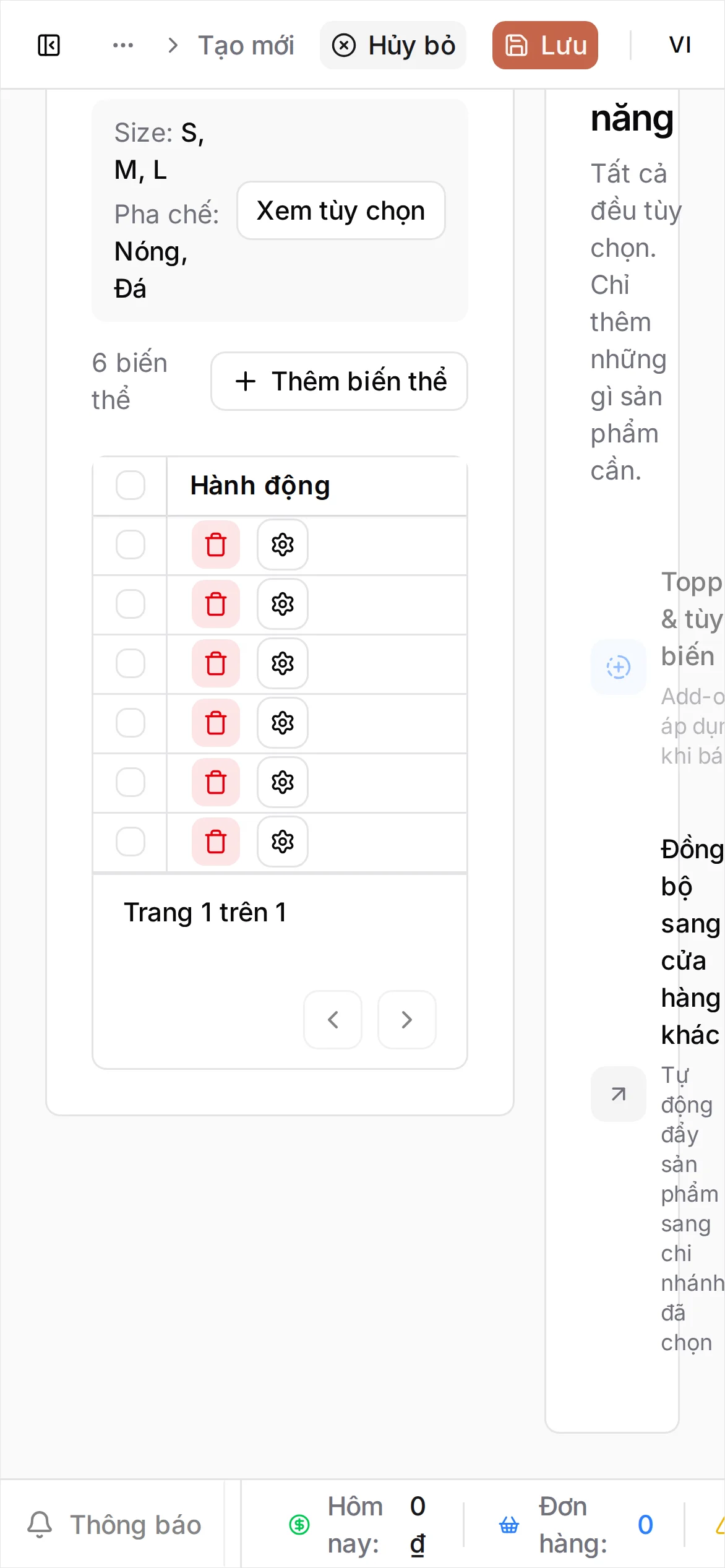 Danh sách Trạng thái đang mở trên dòng biến thể L · Nóng, hiển thị Bản nháp, Đang hoạt động, Dừng hoạt động và Lưu trữ, sắp chọn Dừng hoạt động