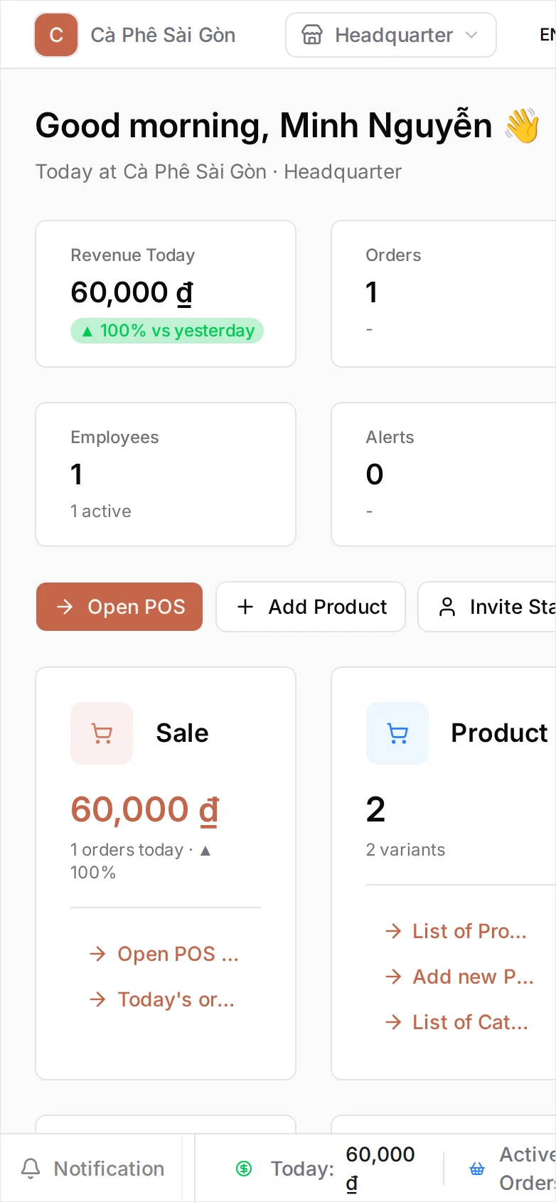 The BANA dashboard for Cà Phê Sài Gòn with a Revenue Today card showing the day's takings and the change versus yesterday, next to Orders, Employees, and Alerts cards